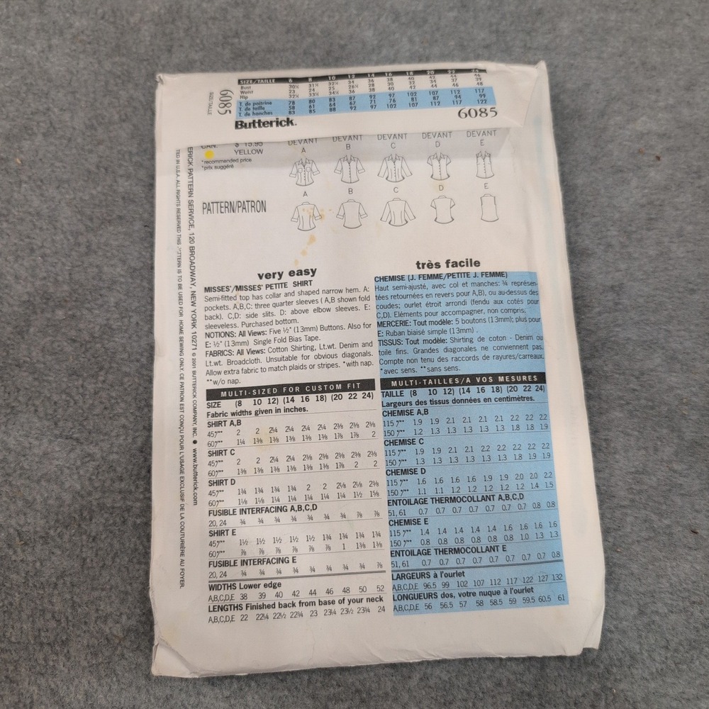 Butterick 6085 Sewing Pattern Misses Petite Shirts Size 20-24 Cut Complete - Picture 2 of 2